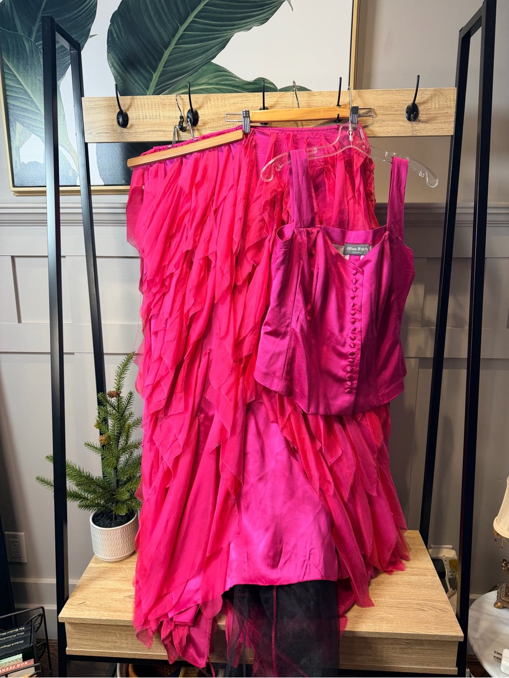 Bright Pink Ruffled Maxi Skirt with Matching Corset Top Cocktail Dress Waist 38”